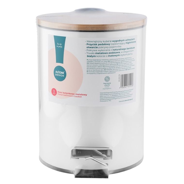 Altom Design, kosz łazienkowy z pokrywą bambusową i plastikowym wkładem, metalowy biały, 17-17-24 cm, 3l