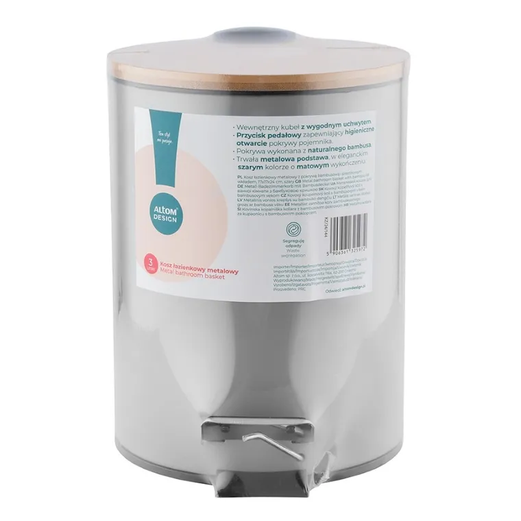 Altom Design, kosz łazienkowy z pokrywą bambusową i plastikowym wkładem, metalowy szary, 17-17-24 cm, 3l