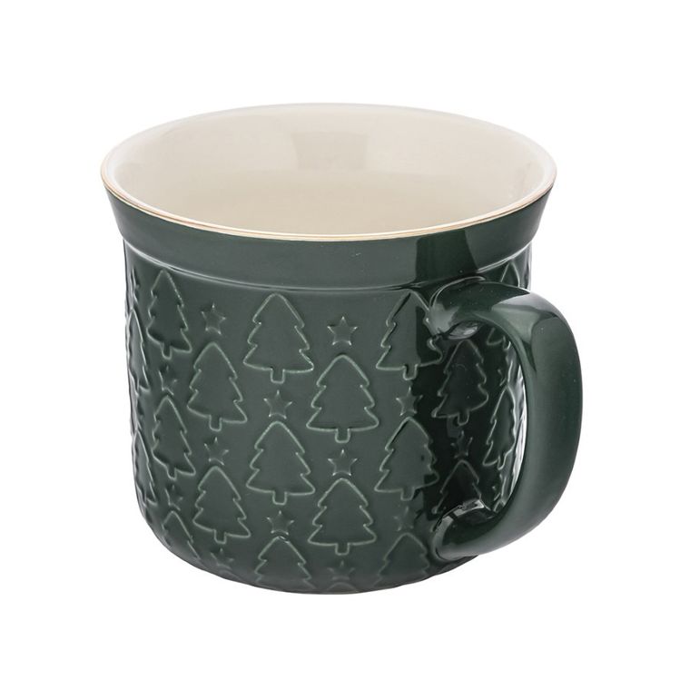Altom Design, kubek duży prosty z wywiniętym rantem i tłoczeniem nbc, 640 ml, choinki zielone
