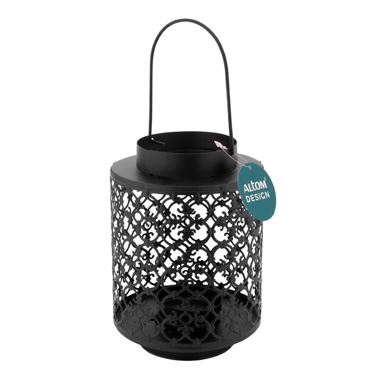 Altom Design, latarenka, metalowa, ażurowa, z uchwytem, czarna, 13,5-13,5-18,5 cm