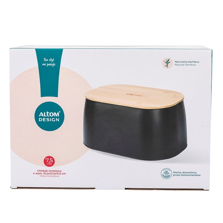 Altom Design, metalowy chlebak z pokrywą bambusową, 33,5-23,5-15,5 cm