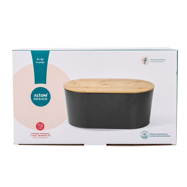 Altom Design, metalowy chlebak z pokrywą bambusową, czarny, 36-20-15 cm