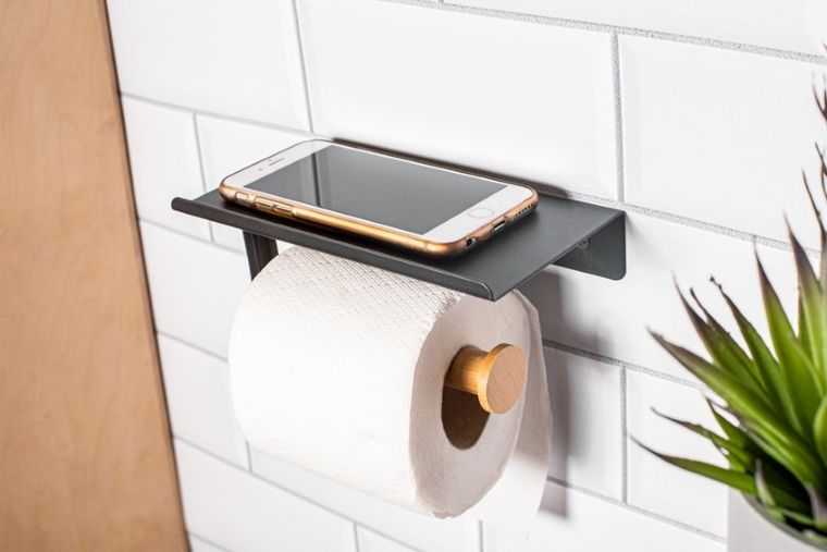 Altom Design, wieszak na papier toaletowy z podstawką pod telefon, metalowy, czarny, 18-10-7,5 cm