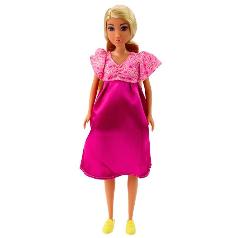 Anlily, lalka w ciąży w różowej sukience z długimi włosami