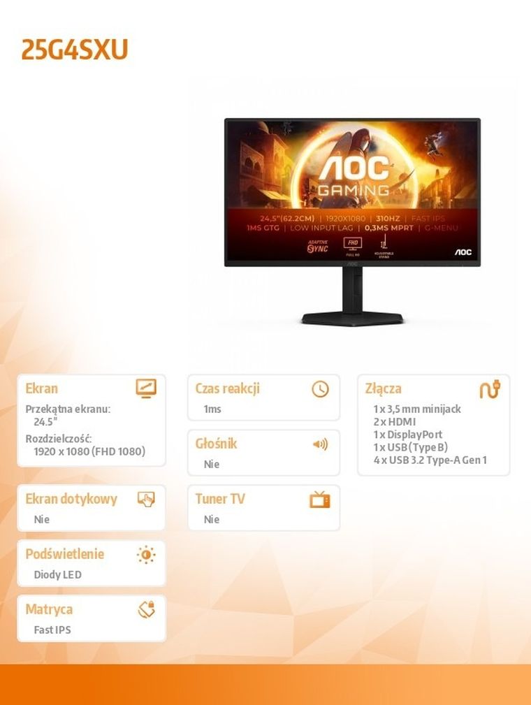 Aoc, monitor, 24.5", 25G4SXU, 300Hz, Fast IPS, HDMIx2, DP, Pivot