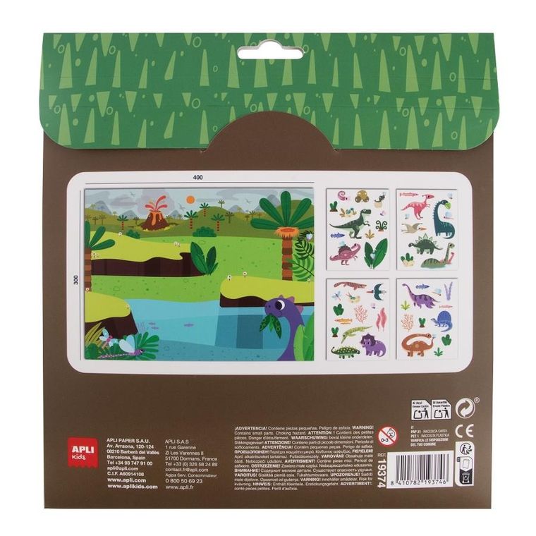 Apli Kids, naklejki wielokrotnego użytku z planszą, Dinozaury