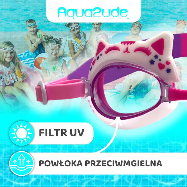 Aqua2ude, okulary do pływania dla dzieci, Kotek, różowy