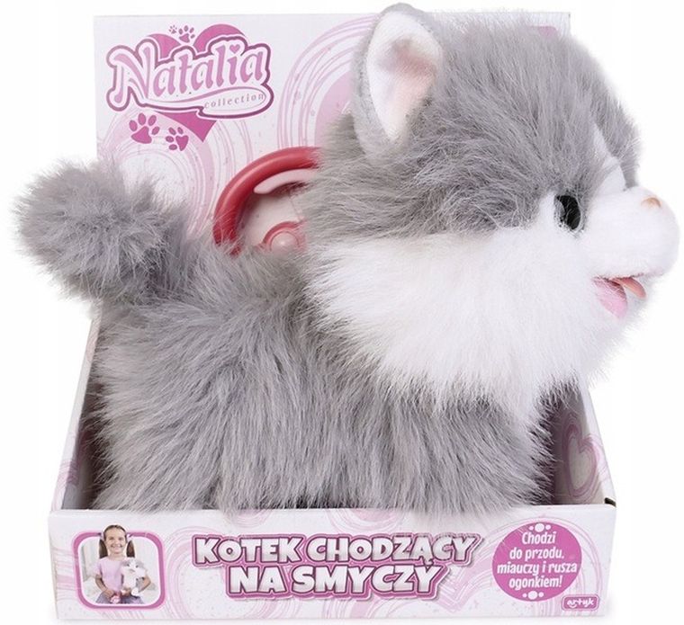 Artyk, kot chodzący na smyczy, zabawka interaktywna, biało szary