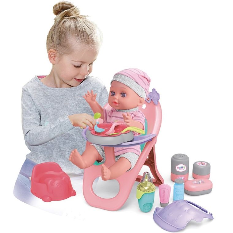 Askato, lalka z krzesełkiem do karmienia, szaro-różowe ubranko