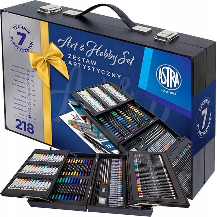 Astra, zestaw artystyczny, drewniana walizka, 218 elementów