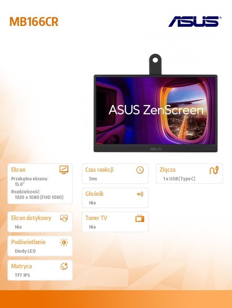 Asus, monitor, 15,6", MB166CR, ZenScreen