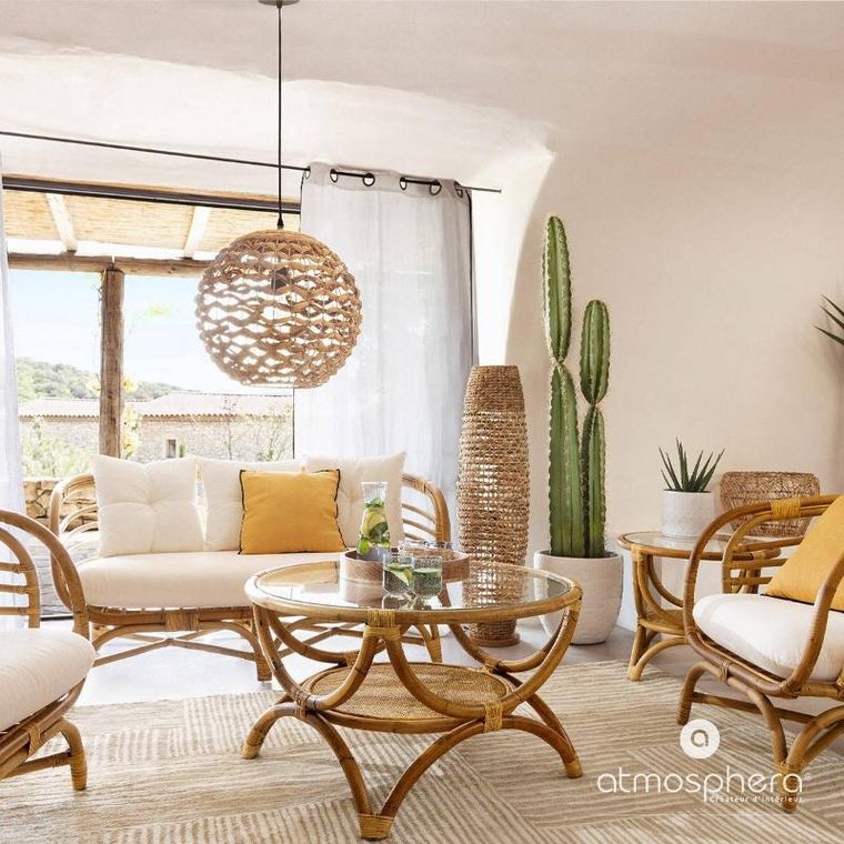 Atmosphera, stolik boczny do kanapy, Farah, rattanowy, szklany blat, Ø 60 cm