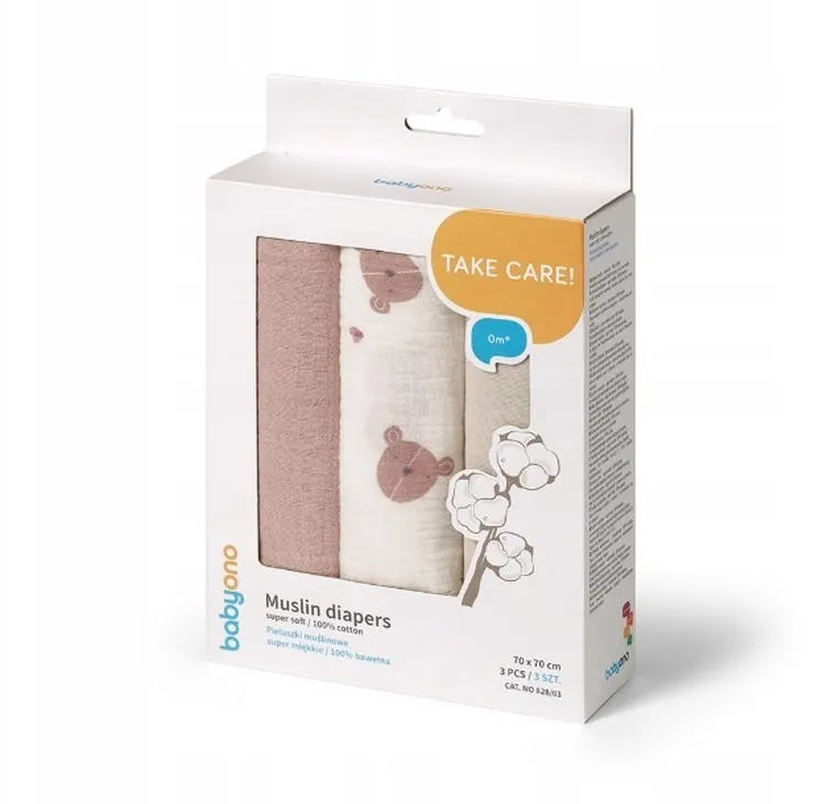 BabyOno, pieluszki muślinowe marszczone, szare, 70-70 cm, 3 szt.