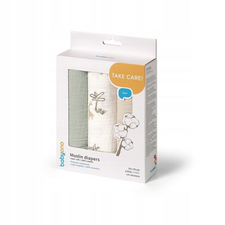 BabyOno, pieluszki muślinowe marszczone, zielone, 70-70 cm, 3 szt.