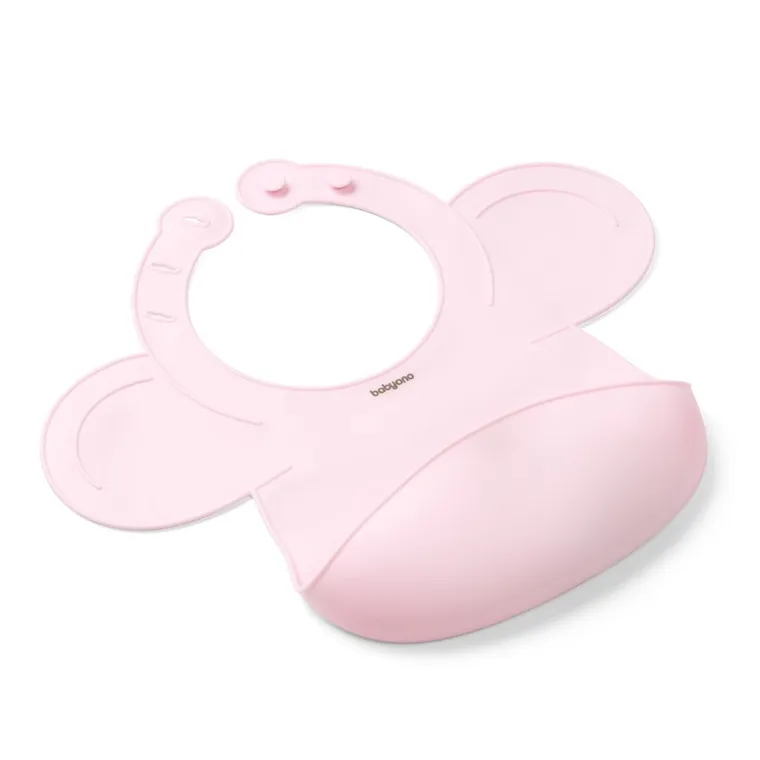 BabyOno, silikonowy śliniak z regulowanym zapięciem, różowy