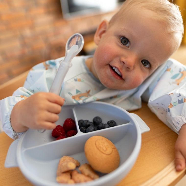 BabyOno, silikonowy talerzyk z przyssawką i przykrywką, niebieski