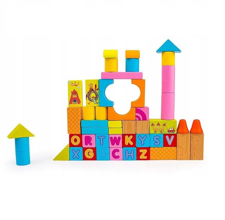 Baczek, Klocki drewniane, kolorowe, 53 elementów
