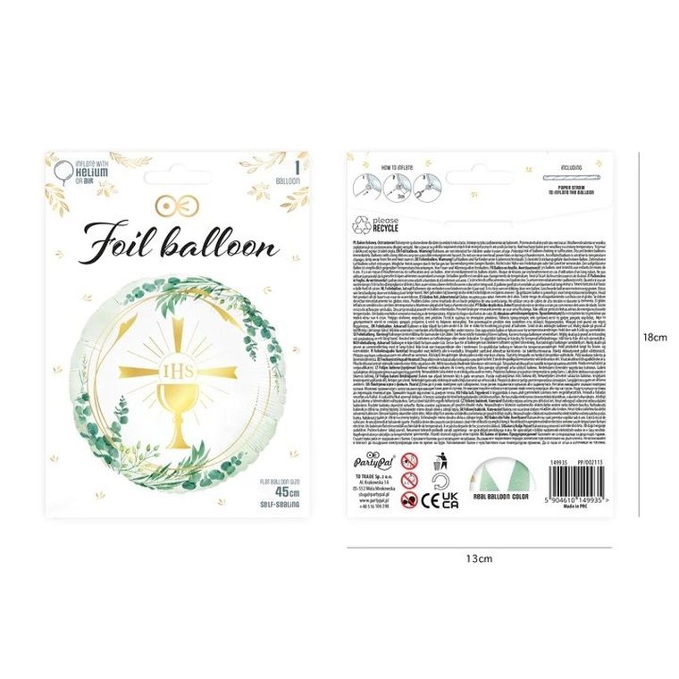 Balon foliowy, komunia IHS, złoty, 45 cm