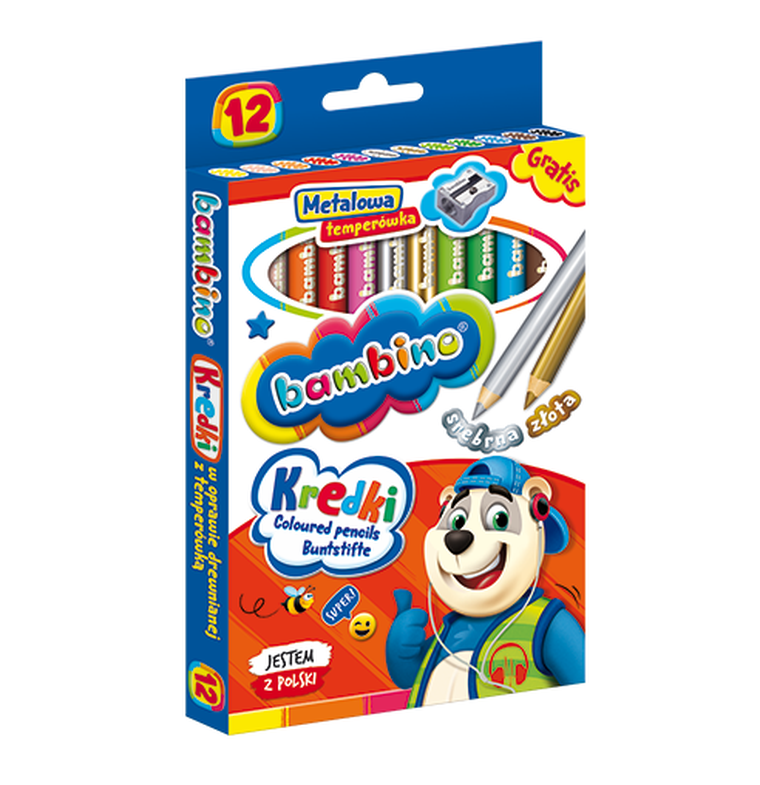 Bambino, kredki drewniane, temperówka, 12 kolorów