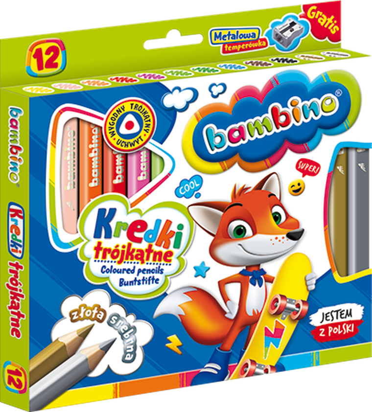 Bambino, kredki trójkątne z temperówką, 12 kolorów