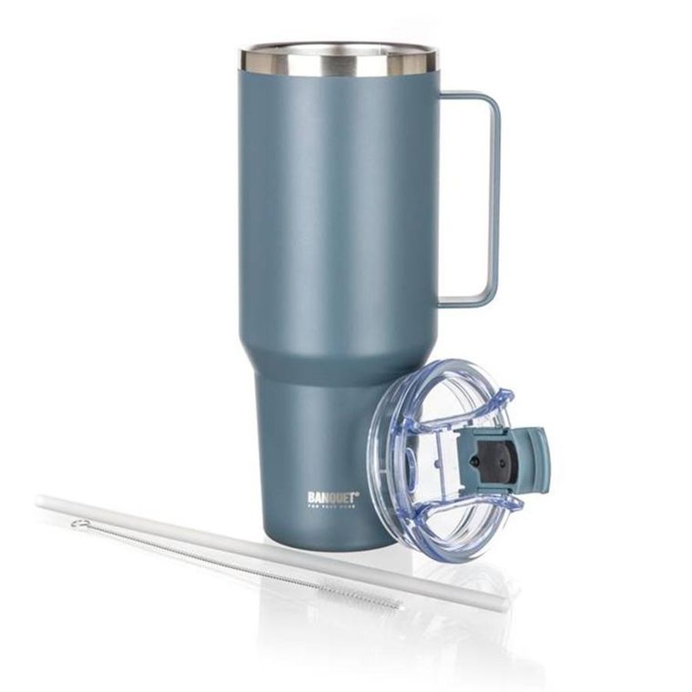 Banquet, Twain, stalowy kubek termiczny, termos z rączką i słomką, szary, 1200 ml