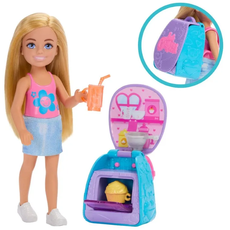 Barbie, Chelsea, plecak z babeczką, zestaw z lalką i akcesoriami