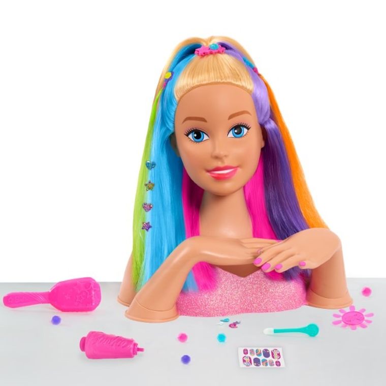 Barbie, głowa do stylizacji, tęczowe włosy