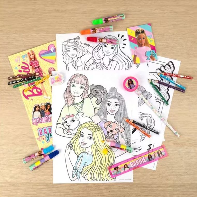 Barbie, zestaw przyborów szkolnych z kolorowankami, 35 elementów