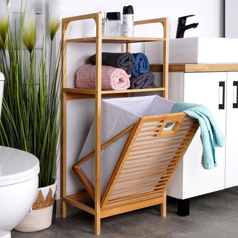 Bathroom Solutions, regał łazienkowy z koszem na pranie, bambusowy