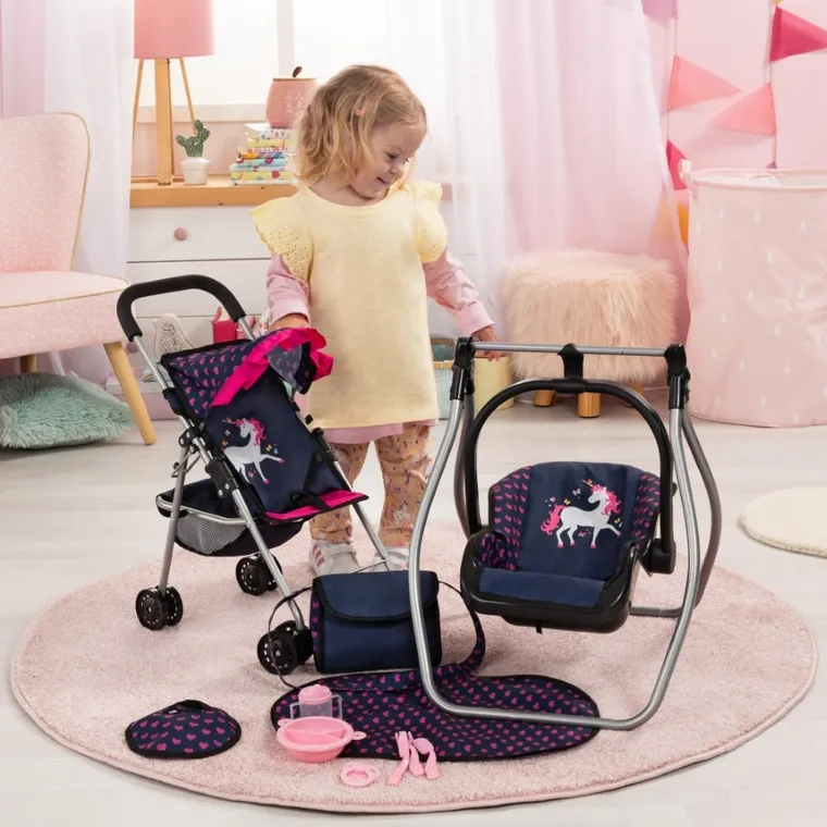 Bayer Design, Buggy, wózek spacerówka dla lalek, zestaw z kołyską, matą, torbą i akcesoriami, granatowo-różowy