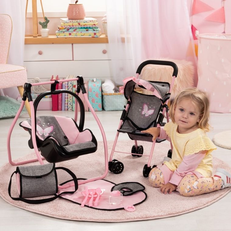 Bayer Design, Buggy, wózek spacerówka dla lalek, zestaw z kołyską, matą, torbą i akcesoriami, szaro-różowy
