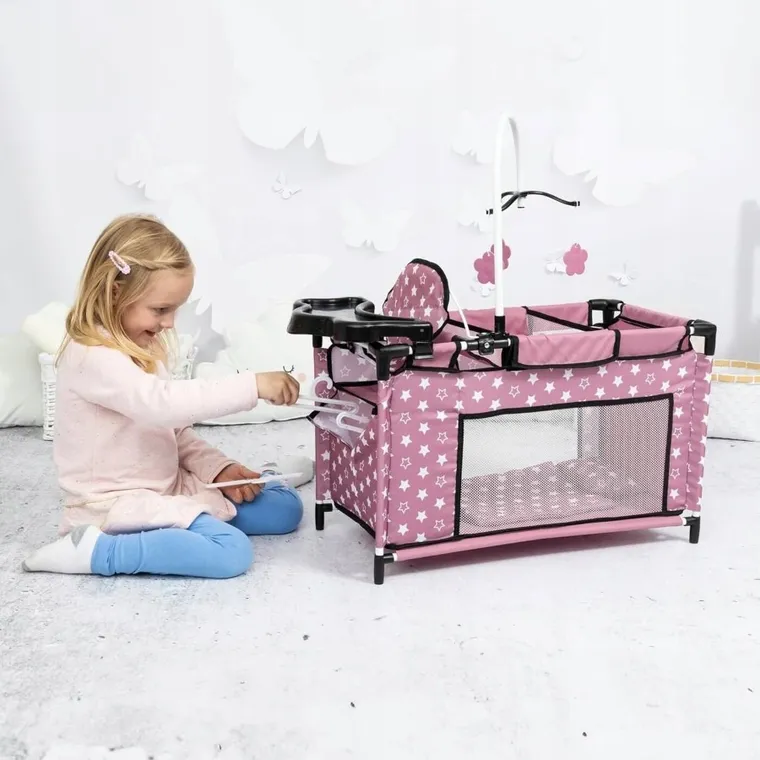 Bayer Design, łóżko turystyczne dla lalek z karuzelą, różowe w gwiazdki