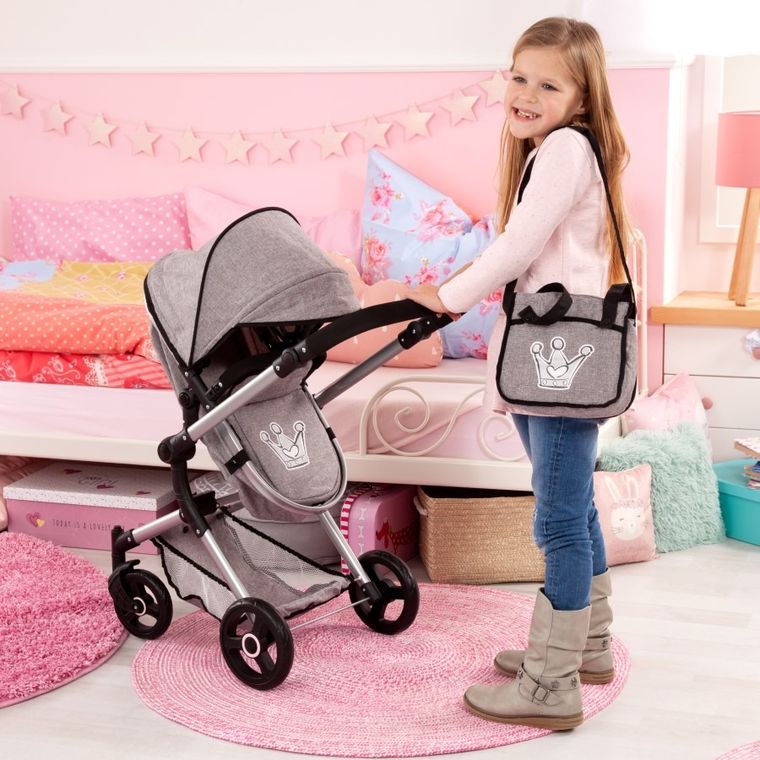 Bayer Design, Neo Vario Combi, głęboki wózek dla lalek z torbą, szary z koroną