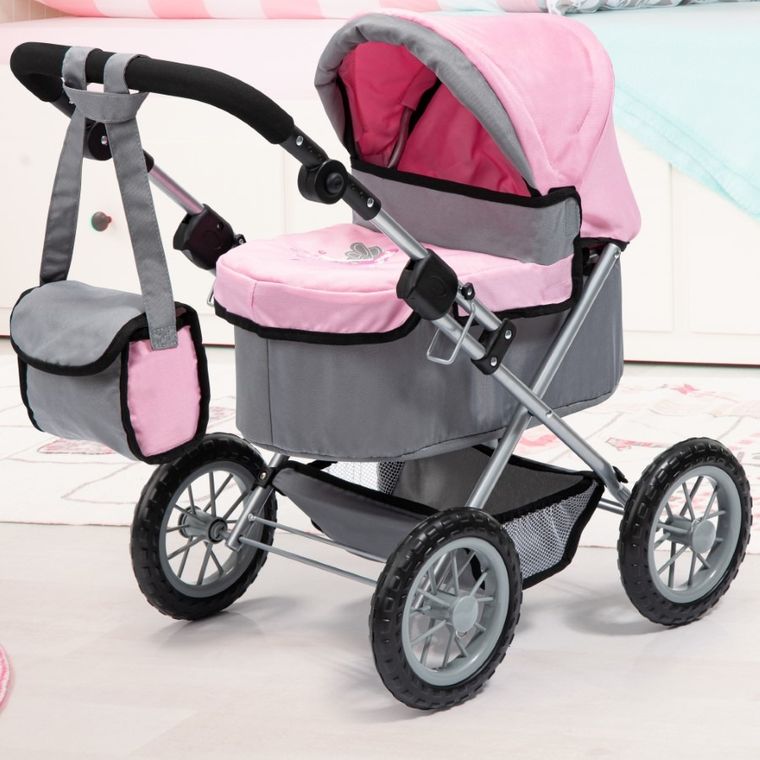 Bayer Design, Trendy, głęboki wózek dla lalek z torbą, szaro-różowy z wróżką