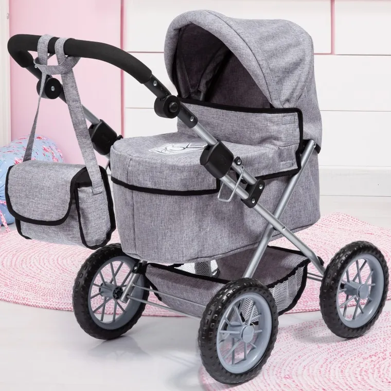 Bayer Design, Trendy, głęboki wózek dla lalek z torbą, szary z koroną