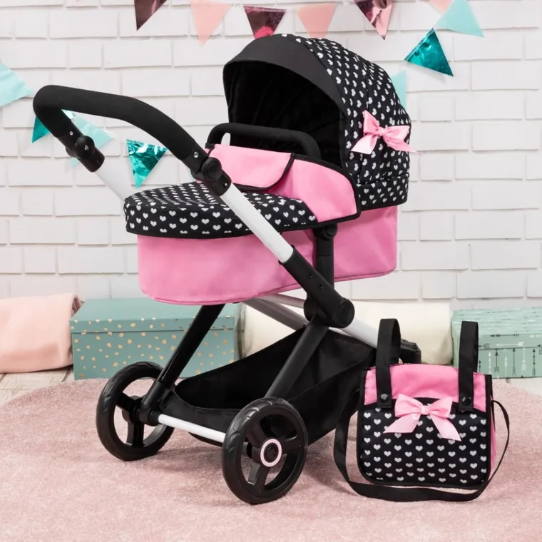 Bayer Design, Xeo Combi, głęboki wózek dla lalek z torbą, czarno-różowy