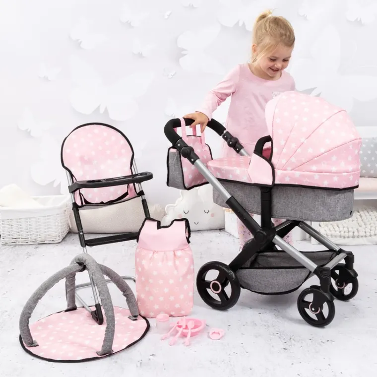 Bayer Design, Xeo Combi, głęboki wózek dla lalek, zestaw z krzesełkiem, matą, torbą i akcesoriami, szaro-różowy