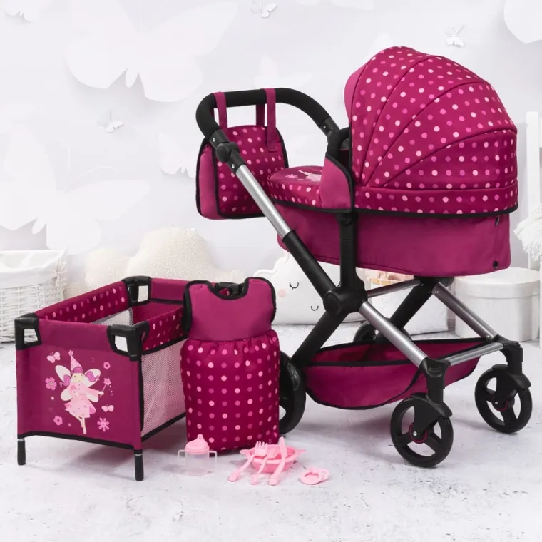 Bayer Design, Xeo Combi, głęboki wózek dla lalek, zestaw z łóżkiem turystycznym, torbą i akcesoriami, bordowy