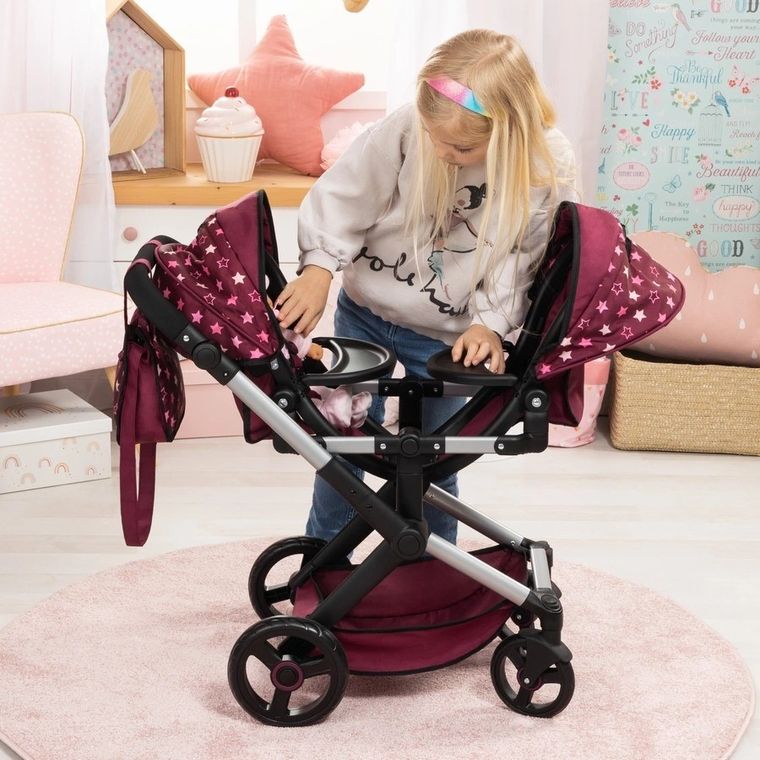 Bayer Design, Xeo Twin, bliźniaczy wózek dla lalek z torbą, bordo