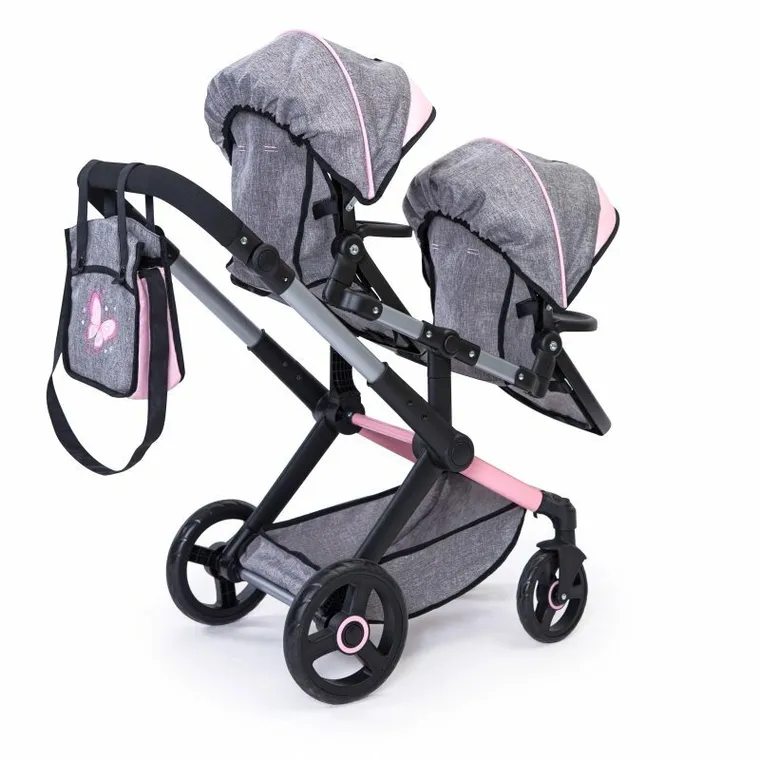 Bayer Design, Xeo Twin, bliźniaczy wózek dla lalek z torbą, szary