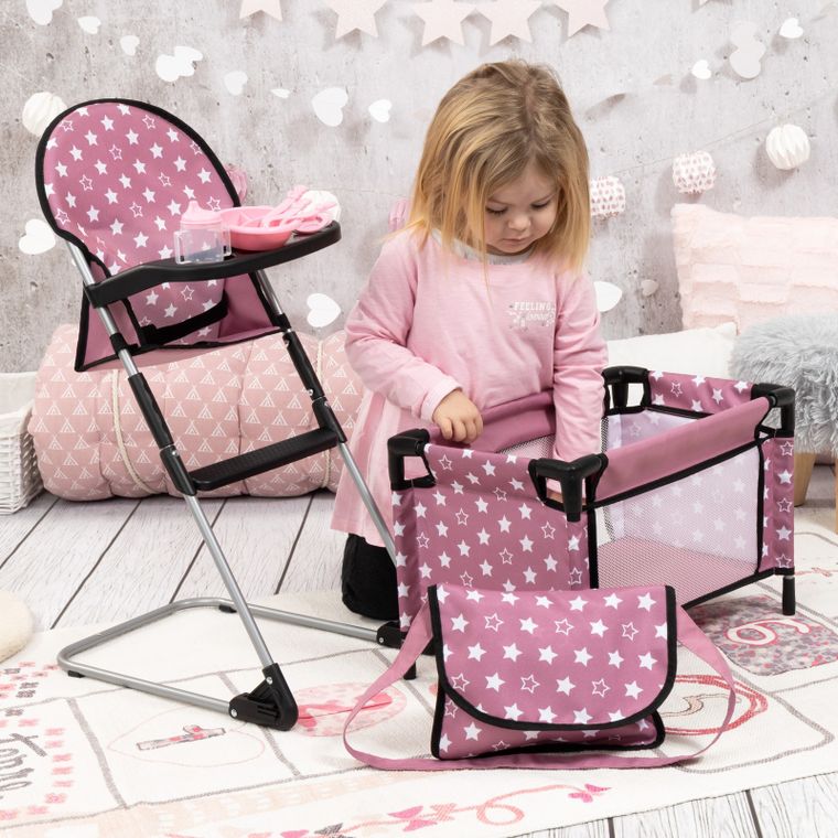 Bayer Design, zestaw podróżny dla lalek: łóżeczko turystyczne, krzesełko do karmienia, torba, akcesoria, 9w1, różowy
