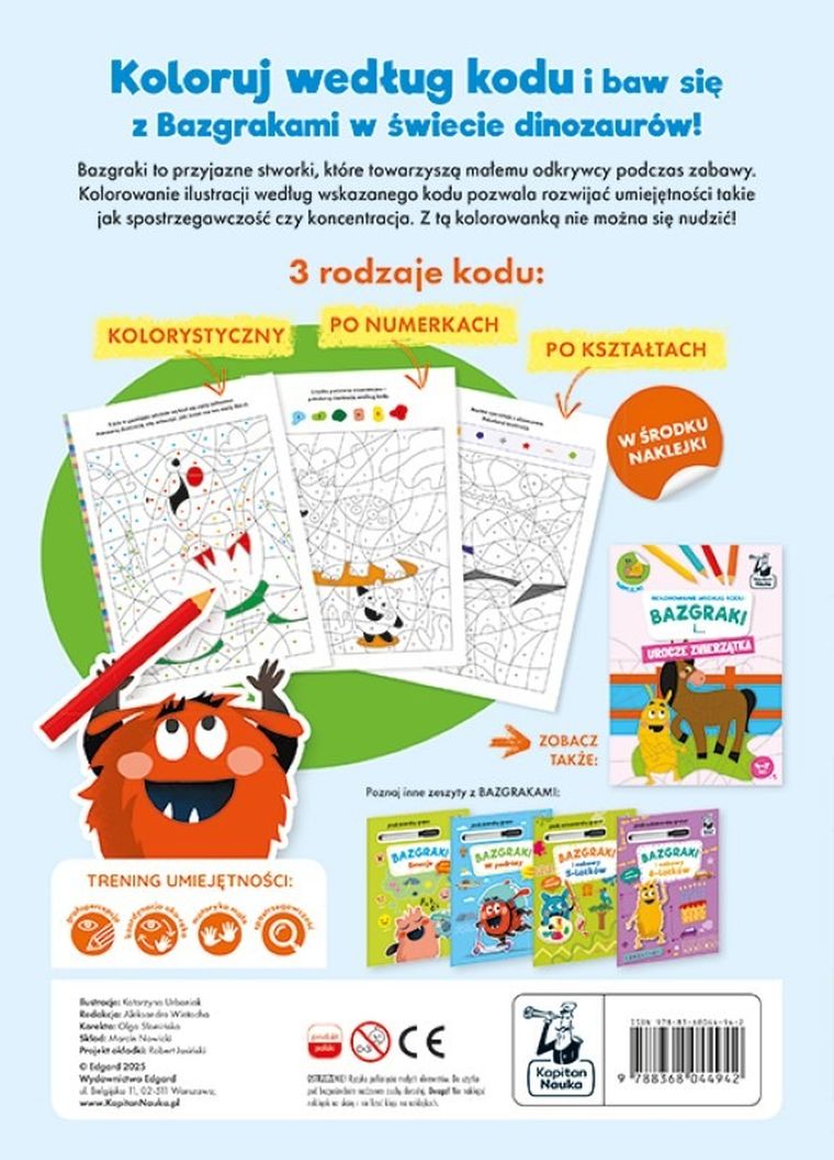 Bazgraki i dinozaury. Kolorowanie według kodu. Kapitan Nauka. Bazgraki