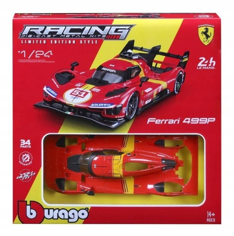 Bburago, Ferrari Racing Model Kit, 488 Challenge, 499P LMH, pojazd sportowy, 1:24, 1 szt.