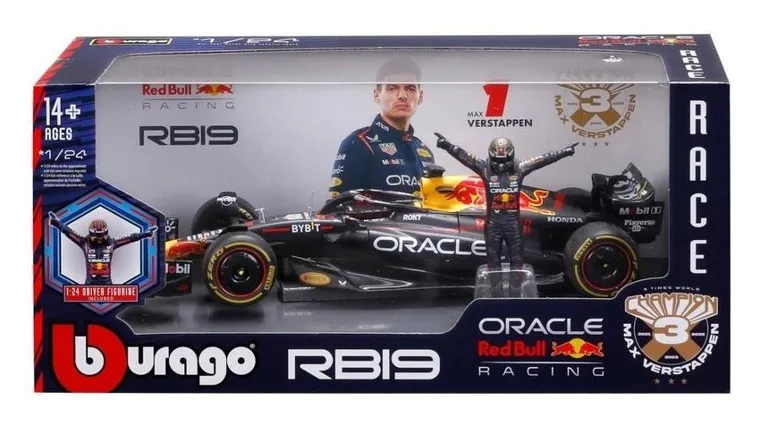 Bburago, Red Bull RB 19 figurka Max Verstappen, Bolid F1, model pojazdu, 1:24