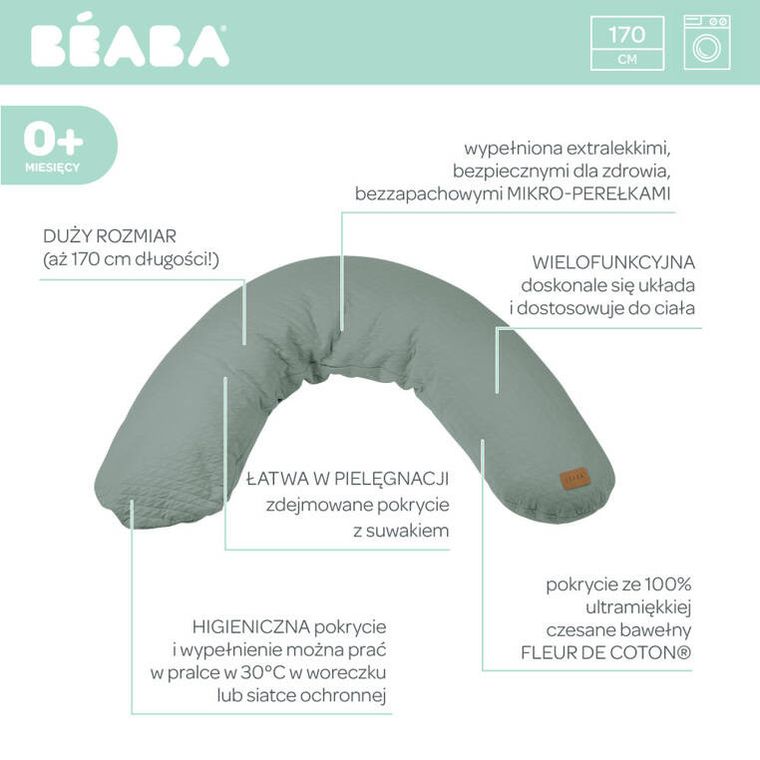 Beaba, Big Flopsy Fleur de coton, ergonomiczna poduszka, rogal dla kobiet w ciąży i karmiących, Sage Green