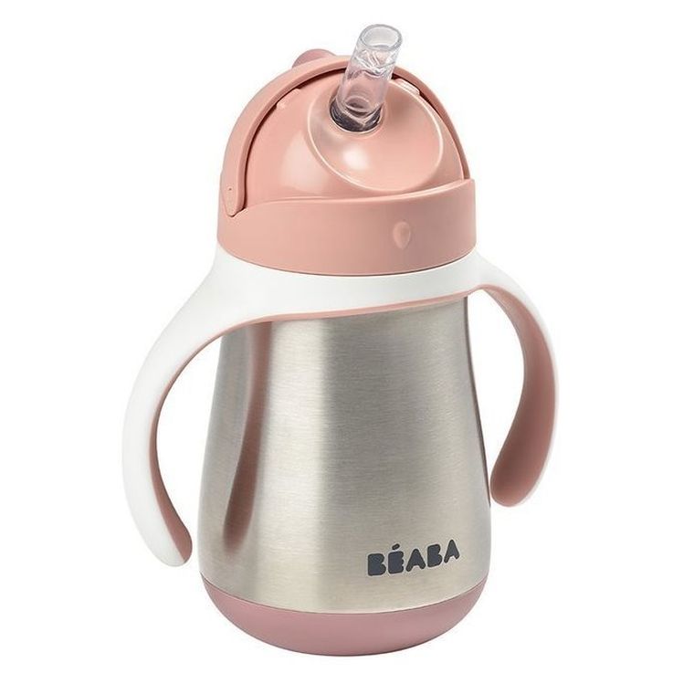 Beaba, butelka, kubek niekapek, stalowa, ze słomką, old pink, 250 ml
