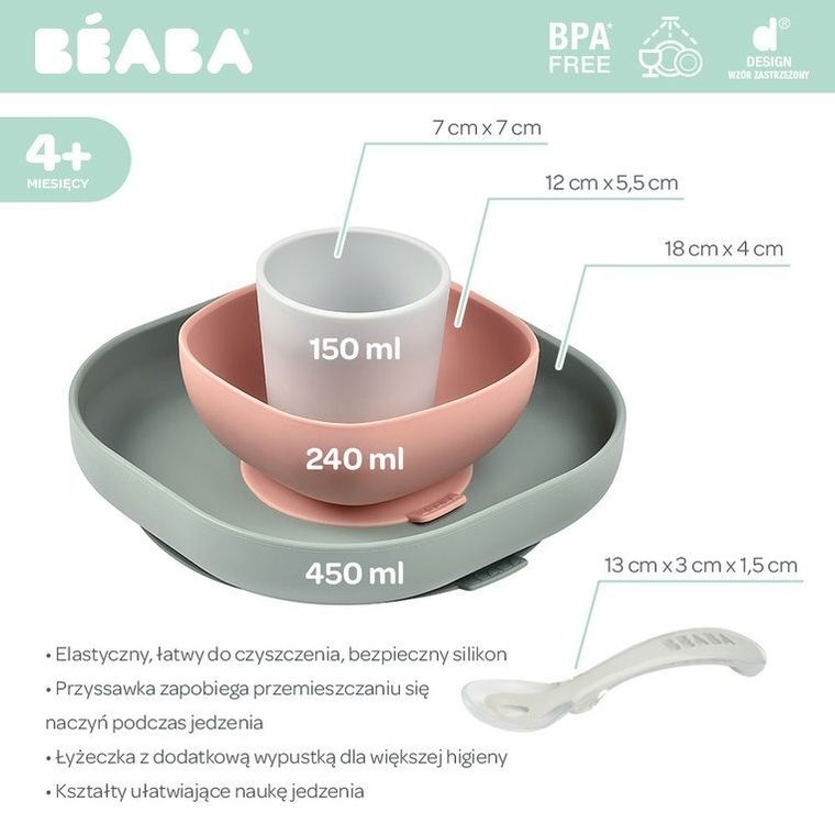 Beaba, Eucalyptus, komplet naczyń z silikonu z przyssawką