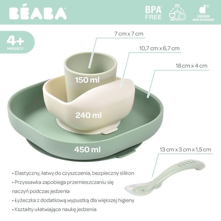 Beaba, komplet naczyń z silikonu z przyssawką, sage green