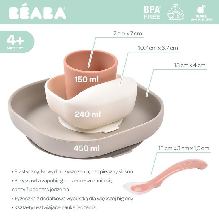 Beaba, komplet naczyń z silikonu z przyssawką, terracotta