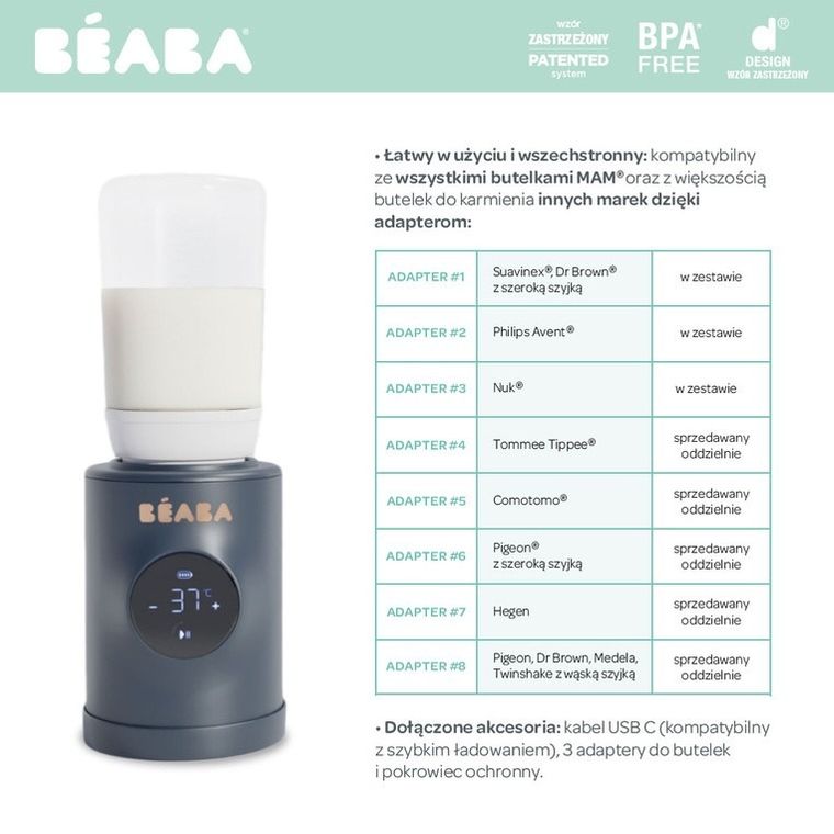 Beaba, Milk Nomad, przenośny podgrzewacz do butelek z funkcją mieszania 2w1, night blue